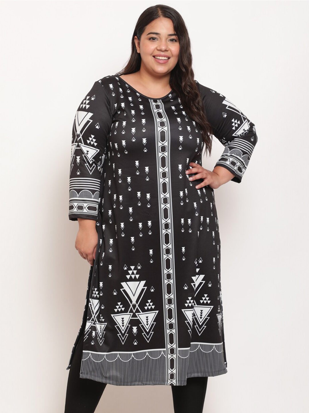 

Amydus Women Plus Size Black Geometric Ethnic Art Woolen Winter Kurti