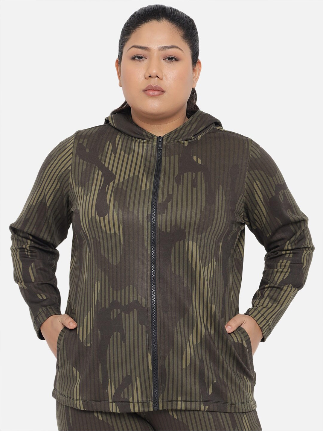 

Amydus Women Plus Size Olive Green Camouflage Print Hooded Sweatshirt