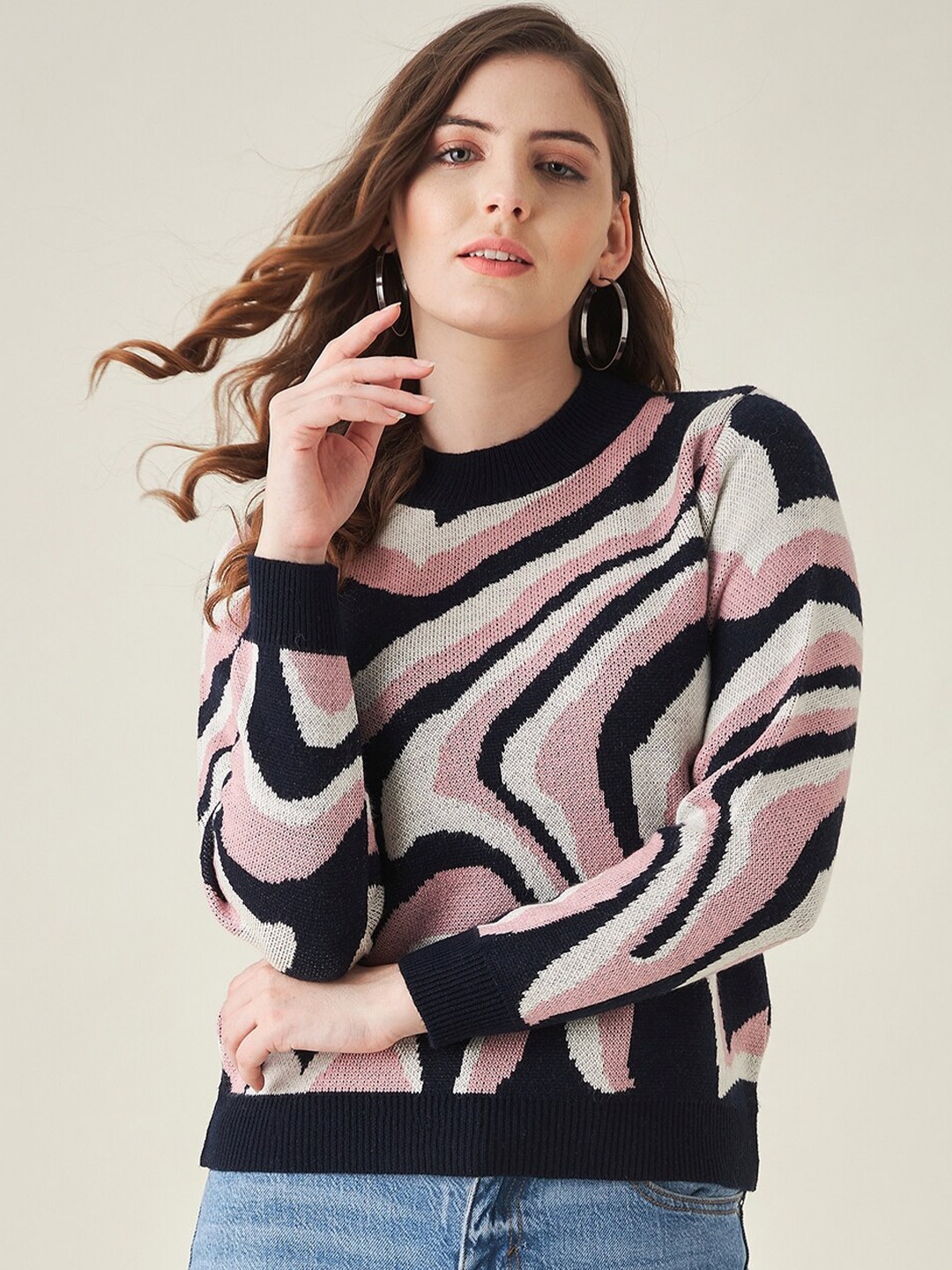 

Modeve Women Pink & Black Abstract Printed Pullover