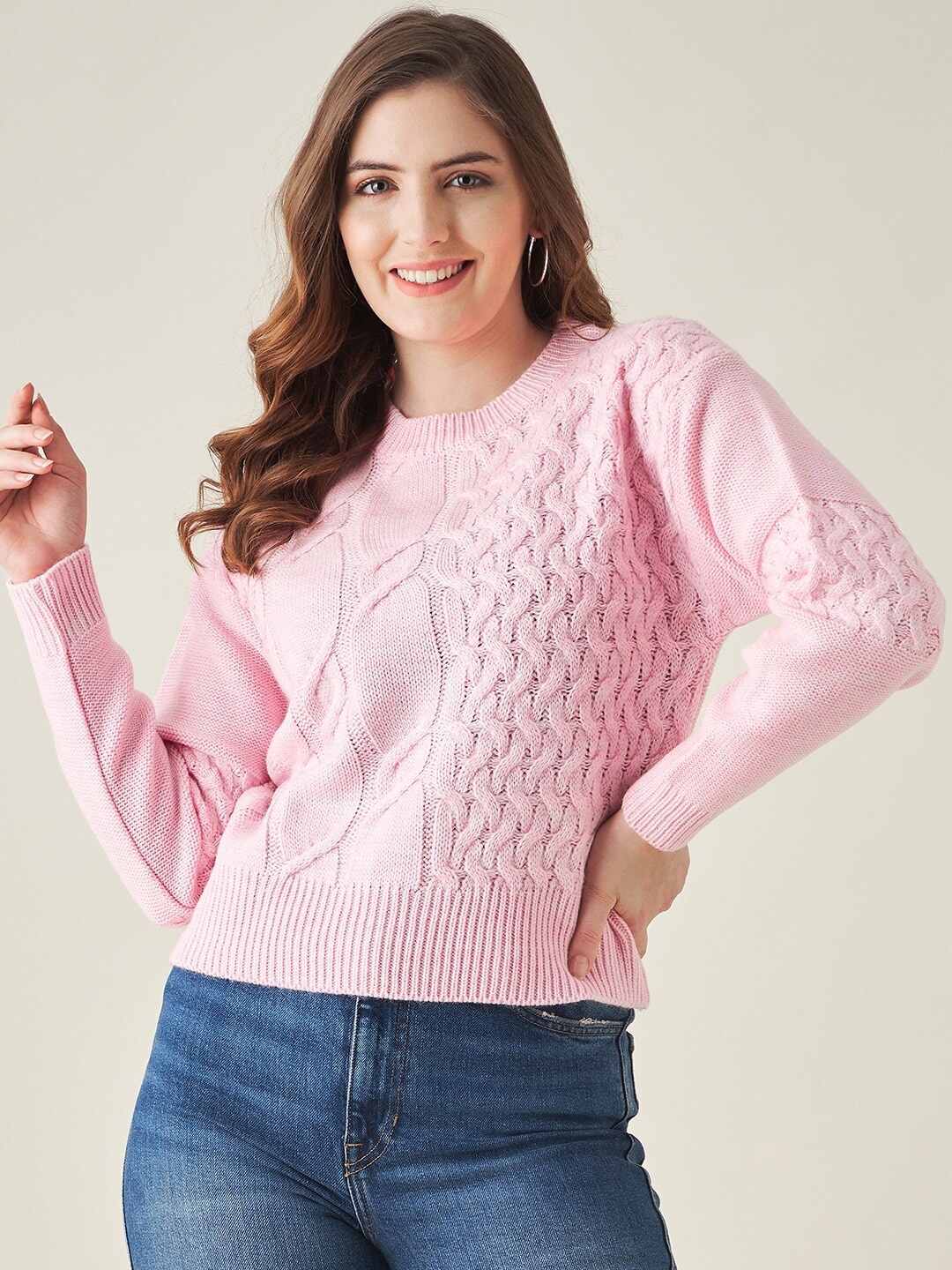 

Modeve Women Pink Acrylic Cable Knit Pullover