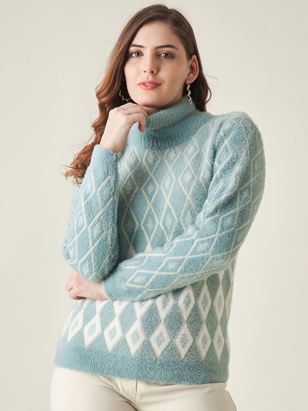 

Modeve Women Turquoise Blue & White Acrylic Pullover