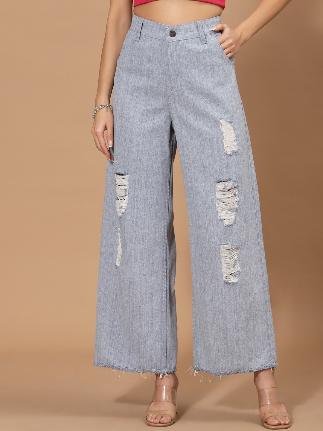 

FLAWLESS Women Blue Cotton Flared High-Rise Mildly Distressed Stretchable Jeans