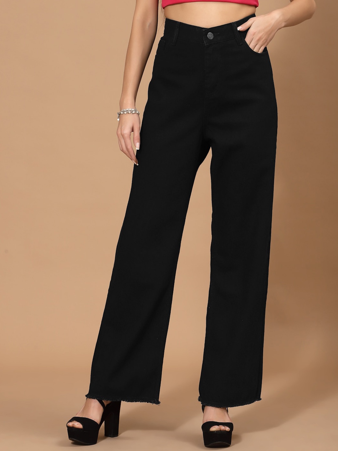 

FLAWLESS Women Black Cotton Flared High-Rise Stretchable Jeans