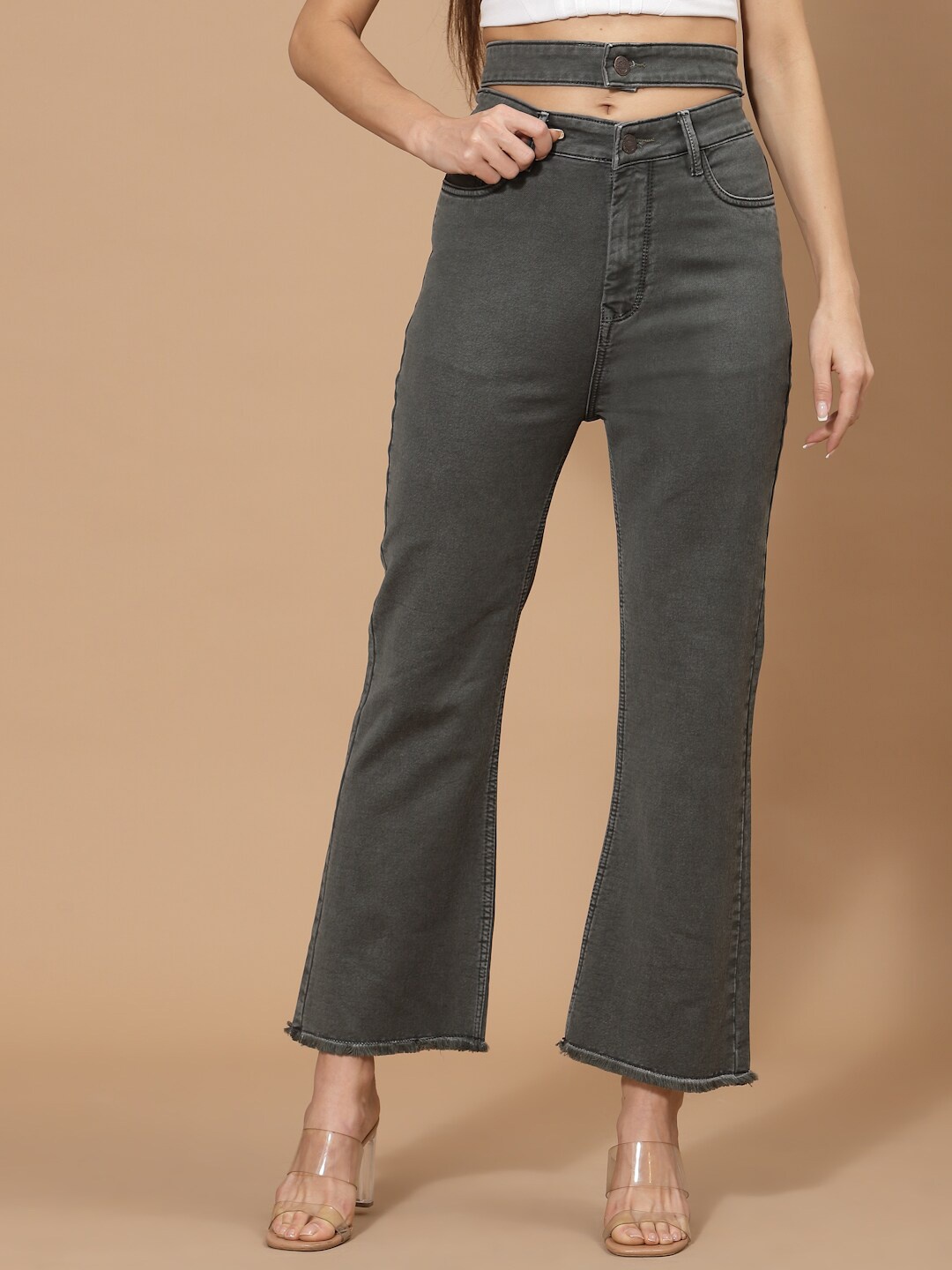 

FLAWLESS Women Olive Green Cotton Straight Fit High-Rise Stretchable Jeans