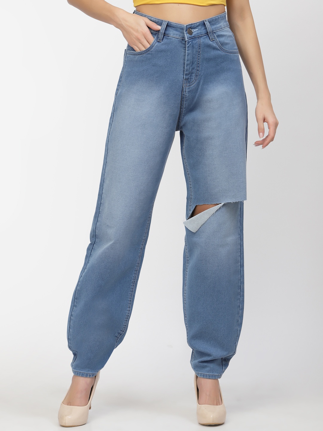

FLAWLESS Women Blue Cotton High-Rise Mildly Distressed Light Fade Stretchable Jeans