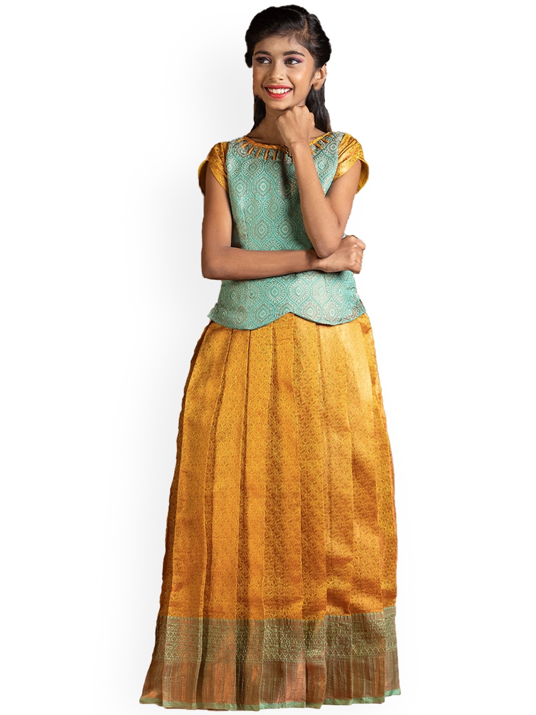 

SHIVANGI clothing Girls Gold-Toned & Blue Ready to Wear Lehenga Choli