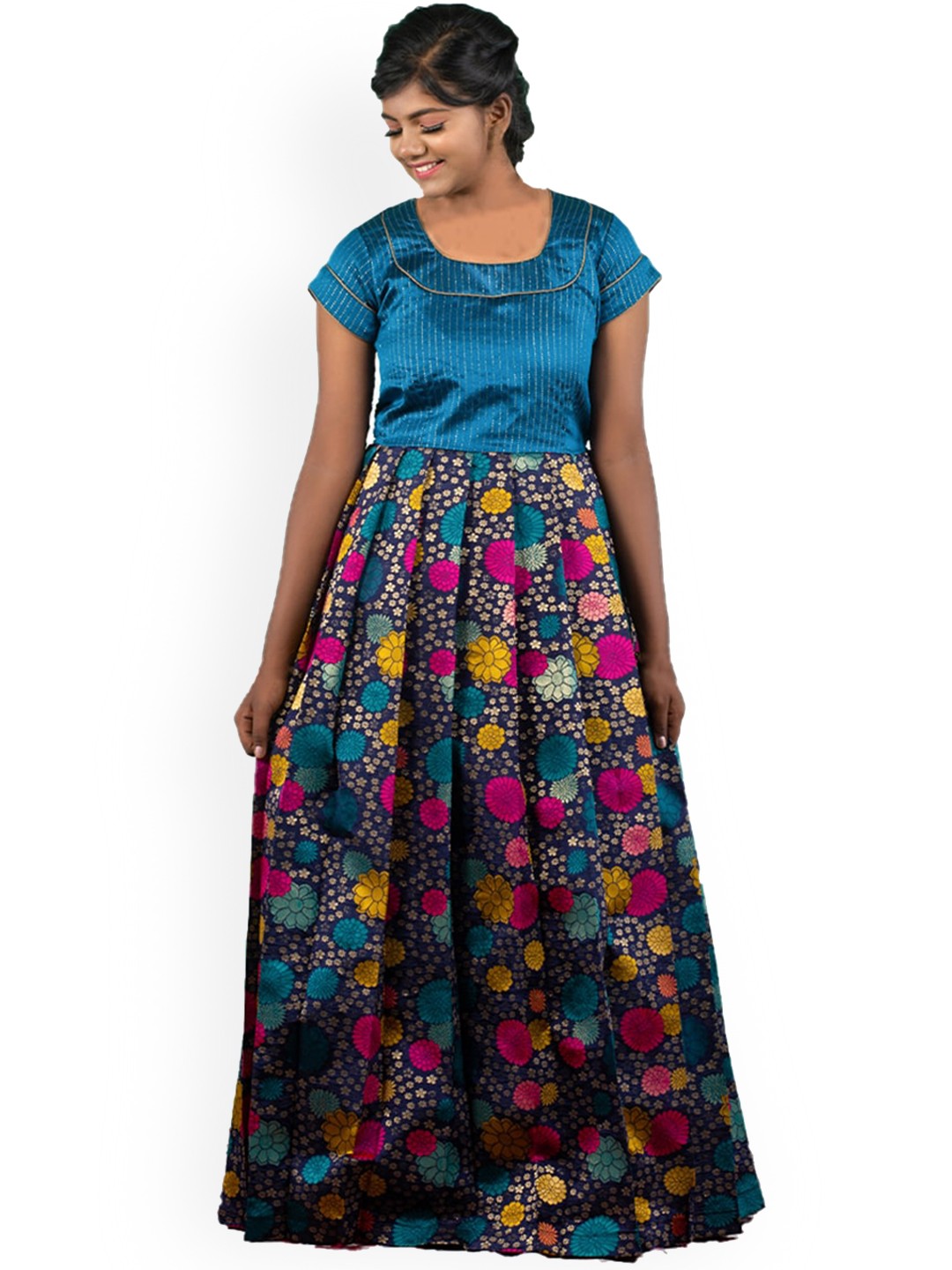 

SHIVANGI clothing Girls Blue & Pink Woven Designed Silk Maxi Gown