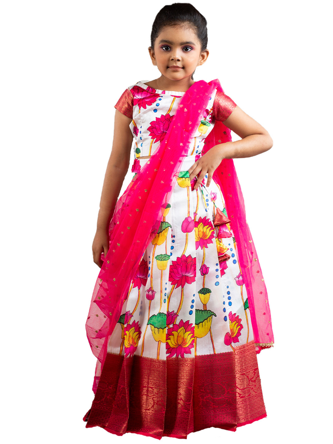 

SHIVANGI clothing Girls White & Pink Printed Ready to Wear Lehenga & Blouse With Dupatta