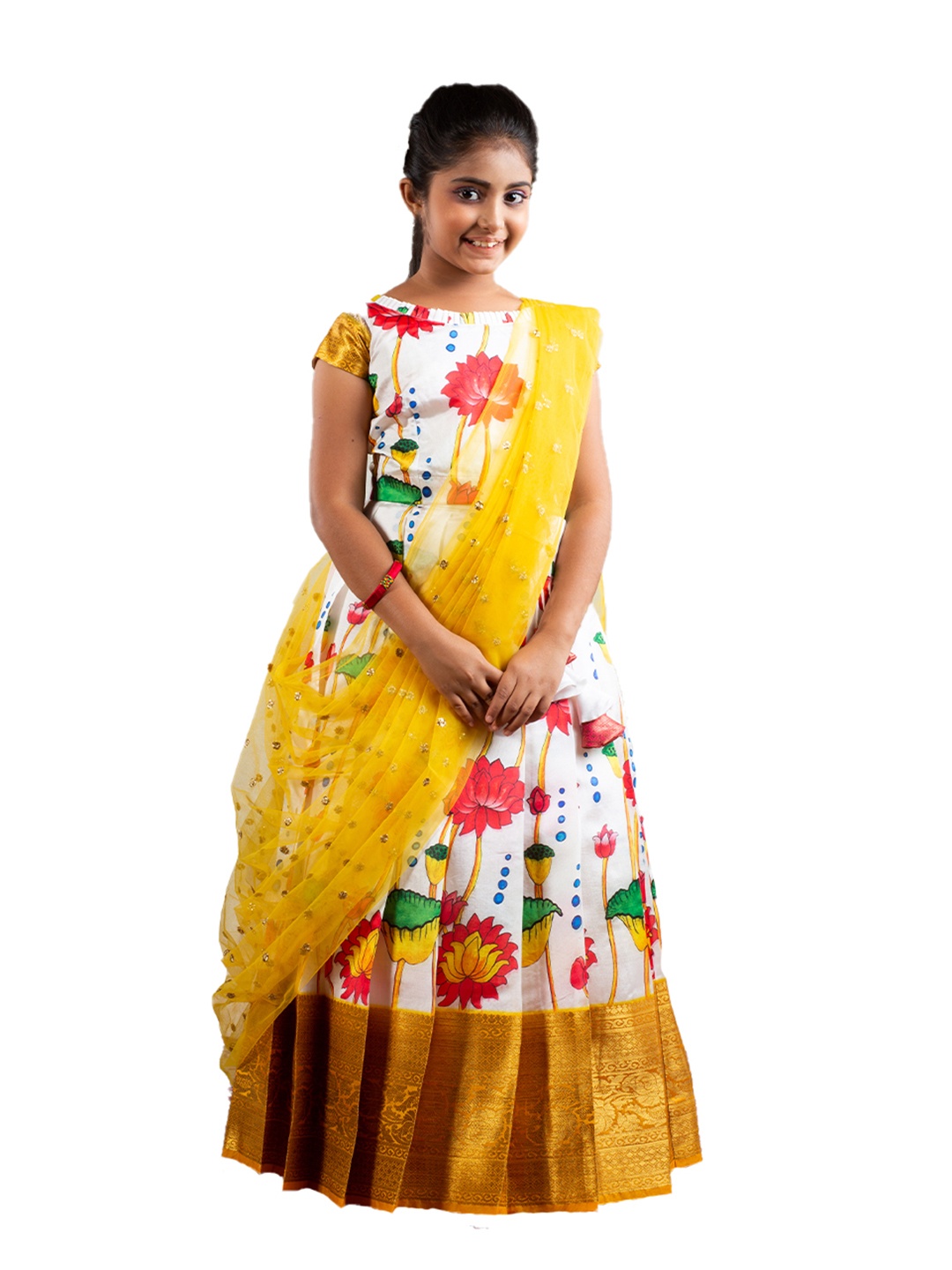 

SHIVANGI clothing Girls White & Yellow Printed Ready to Wear Lehenga & Blouse With Dupatta