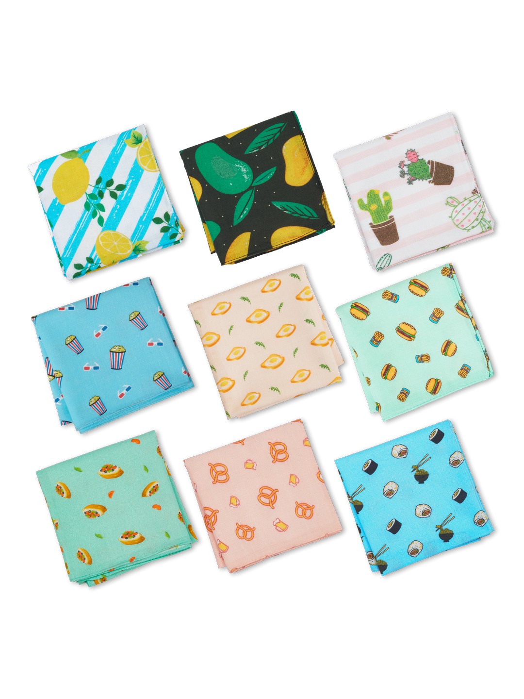 

hexafun Men Pack Of 9 Pastel Coloured Printed Organic Premium Pure Cotton Handkerchief, Blue