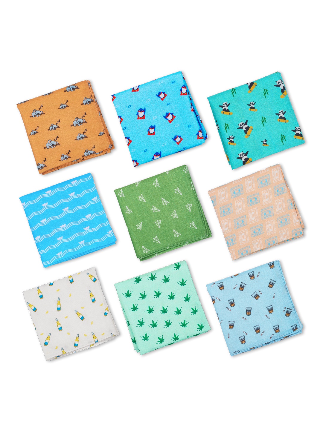

hexafun Men Pack Of 9 Pastel Coloured Printed Organic Premium Pure Cotton Handkerchief, Green