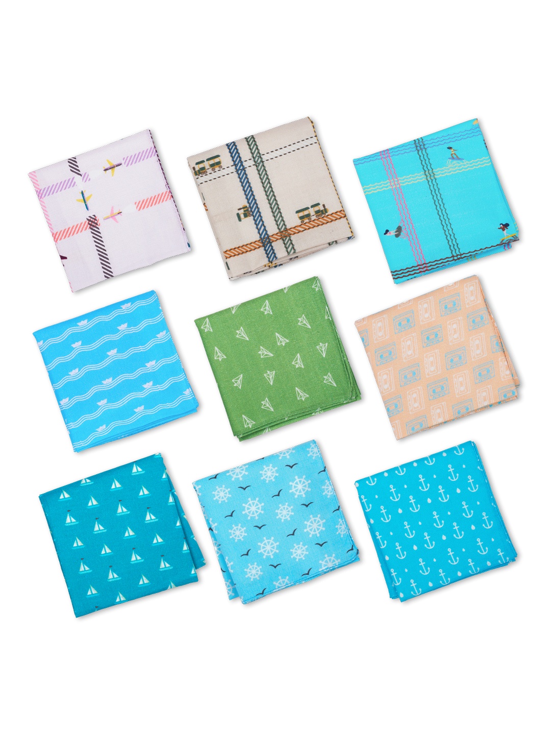 

Hexafun Men Pack Of 9 Pastel Coloured Printed Organic Premium Pure Cotton Handkerchief, Blue
