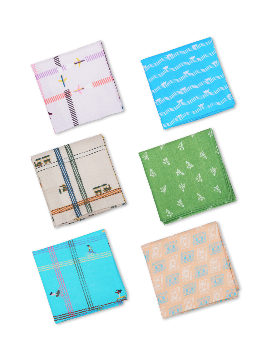 

hexafun Men Pack Of 6 Pastel Coloured Printed Organic Premium Pure Cotton Handkerchief, White