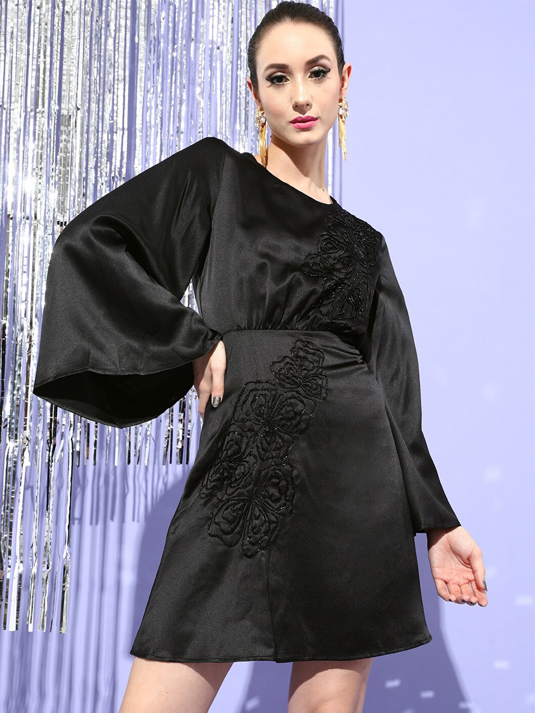 

STREET 9 Black Satin A-Line Dress