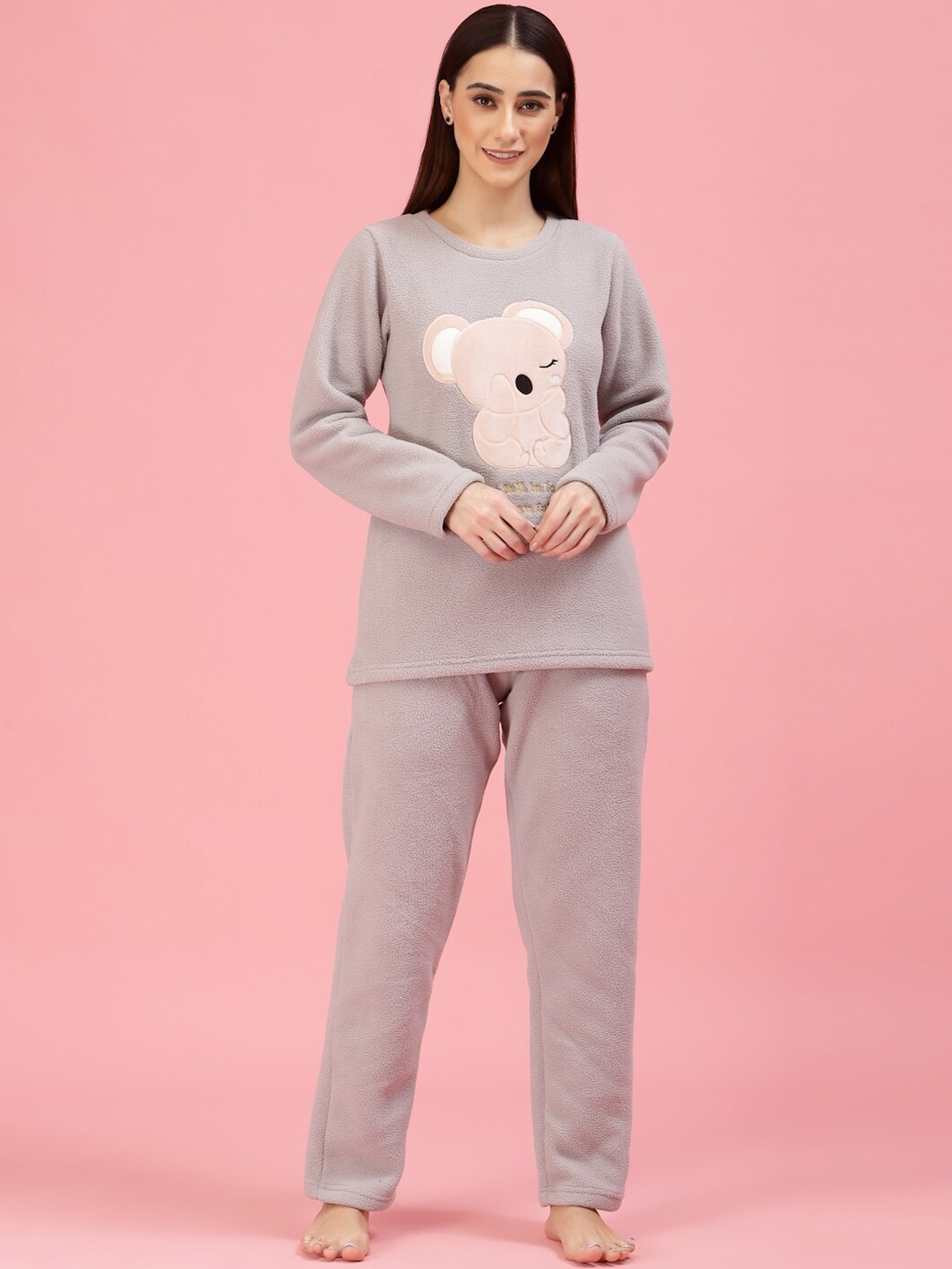 

Sweet Dreams Women Super Soft Polar Fleece Applique Winter Night suit, Grey