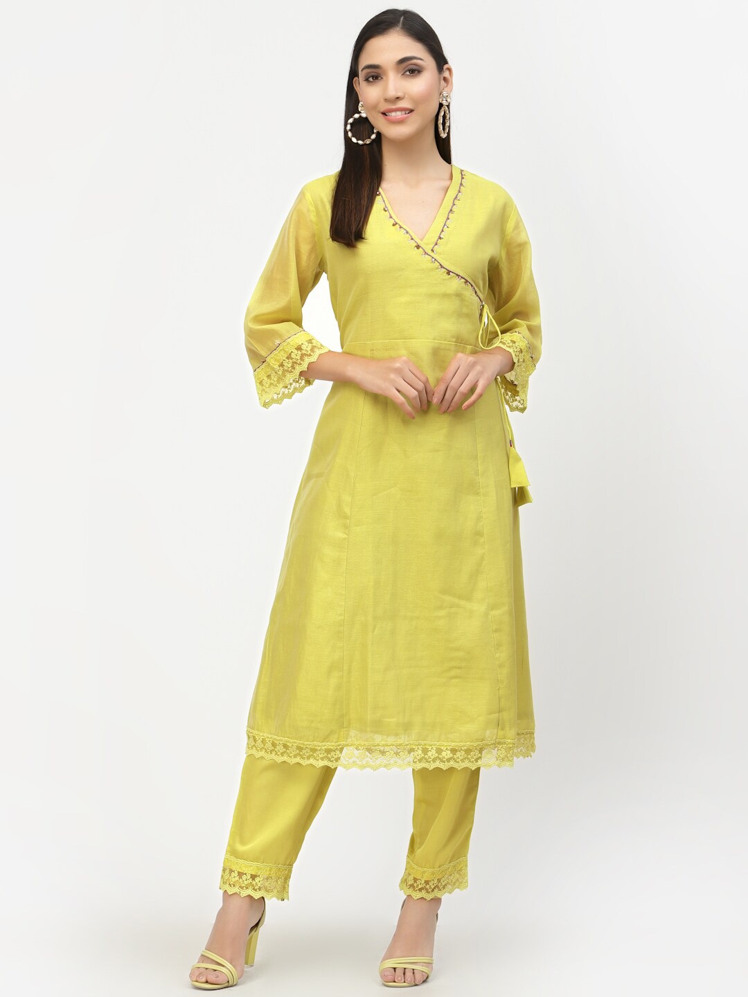 

DART STUDIO Women Sequinned Angrakha A-Line Kurta with Trouser Set, Yellow