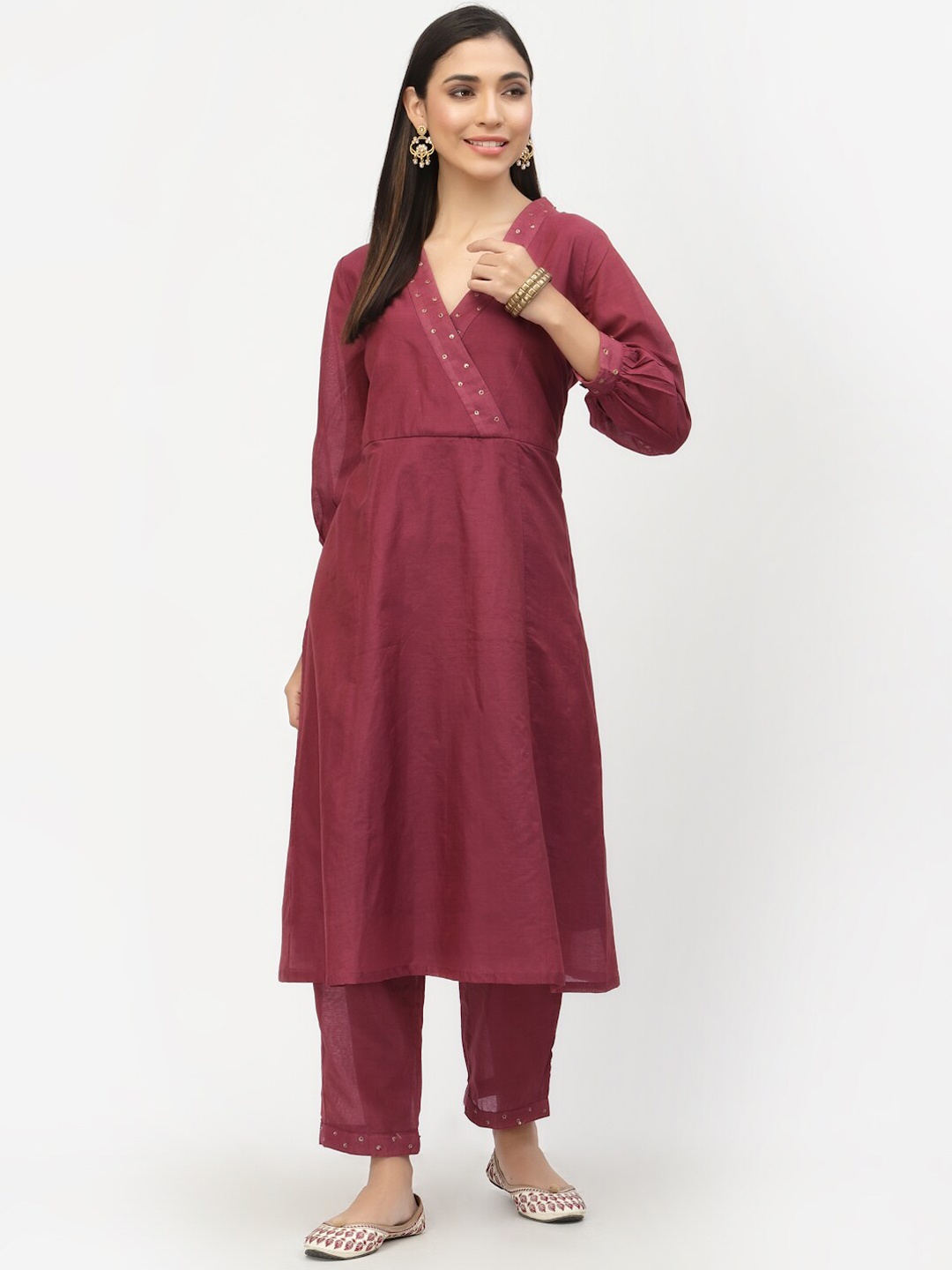 

DART STUDIO Women Maroon Angrakha Beads and Stones A-Line Kurta with Trouser Set