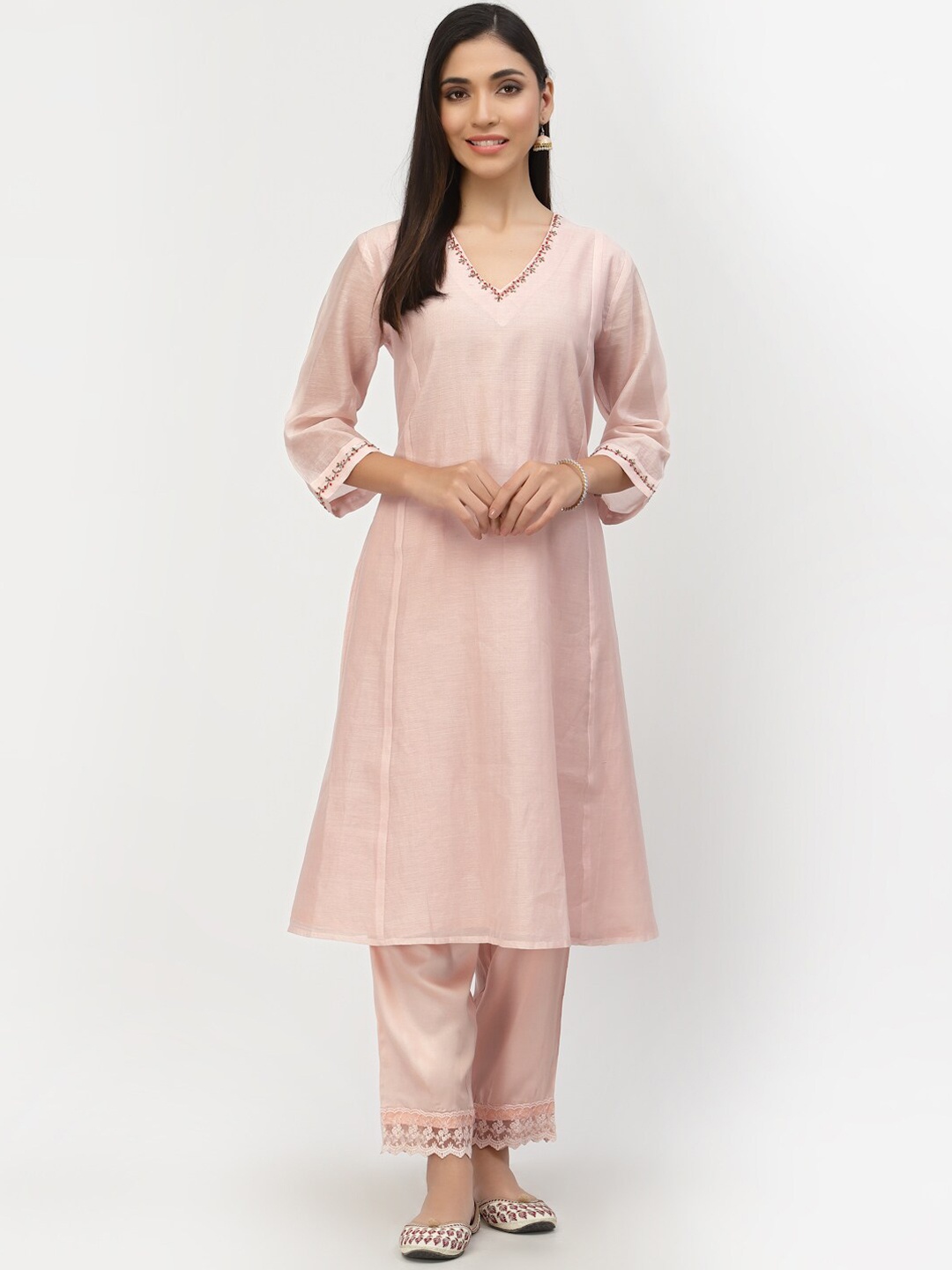 

DART STUDIO Women Pink Beads and Stones A-Line Kurta with Trouser Set