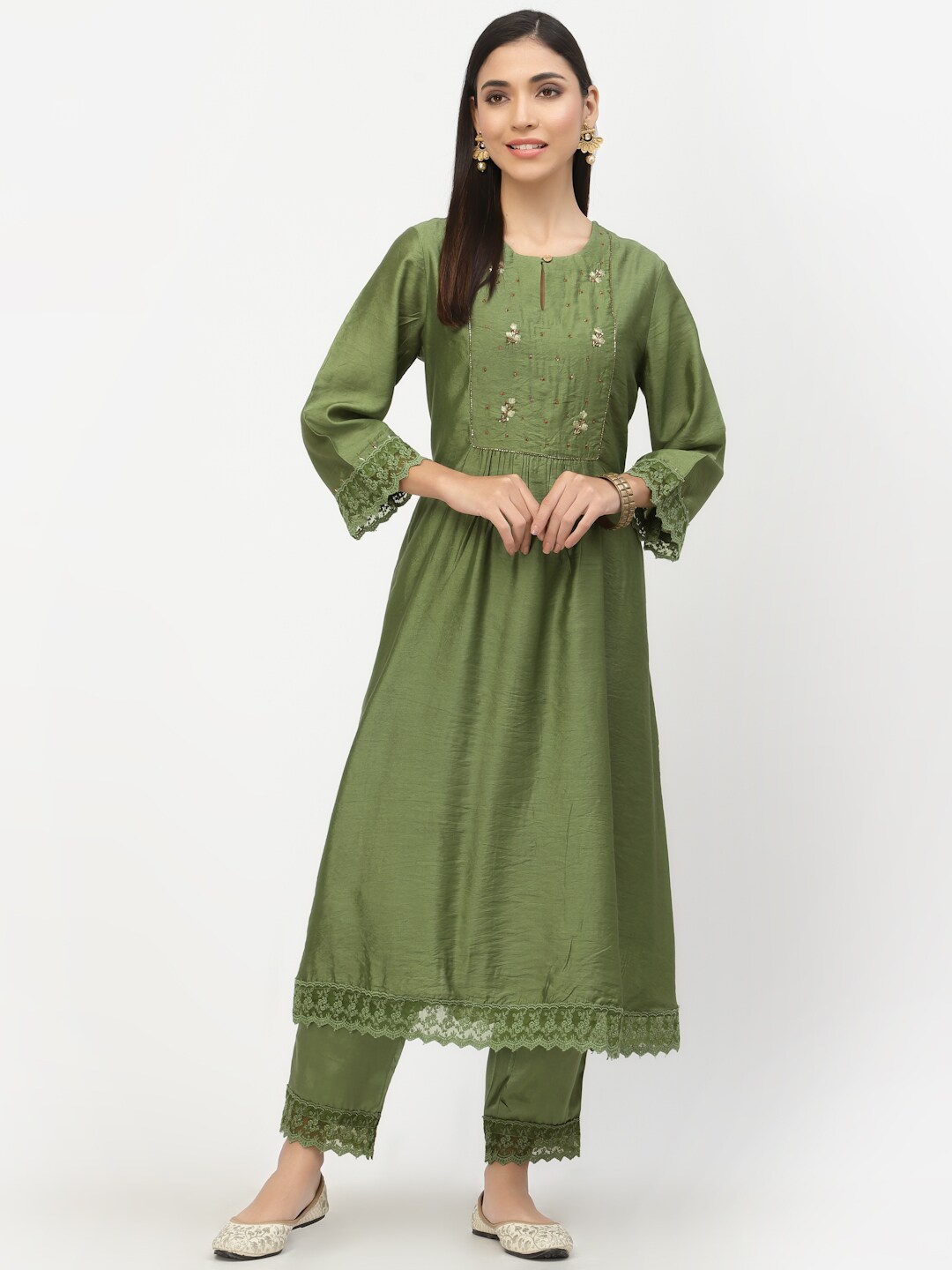 

DART STUDIO Women Green Beads and Stones A-Line Kurta with Trouser Set
