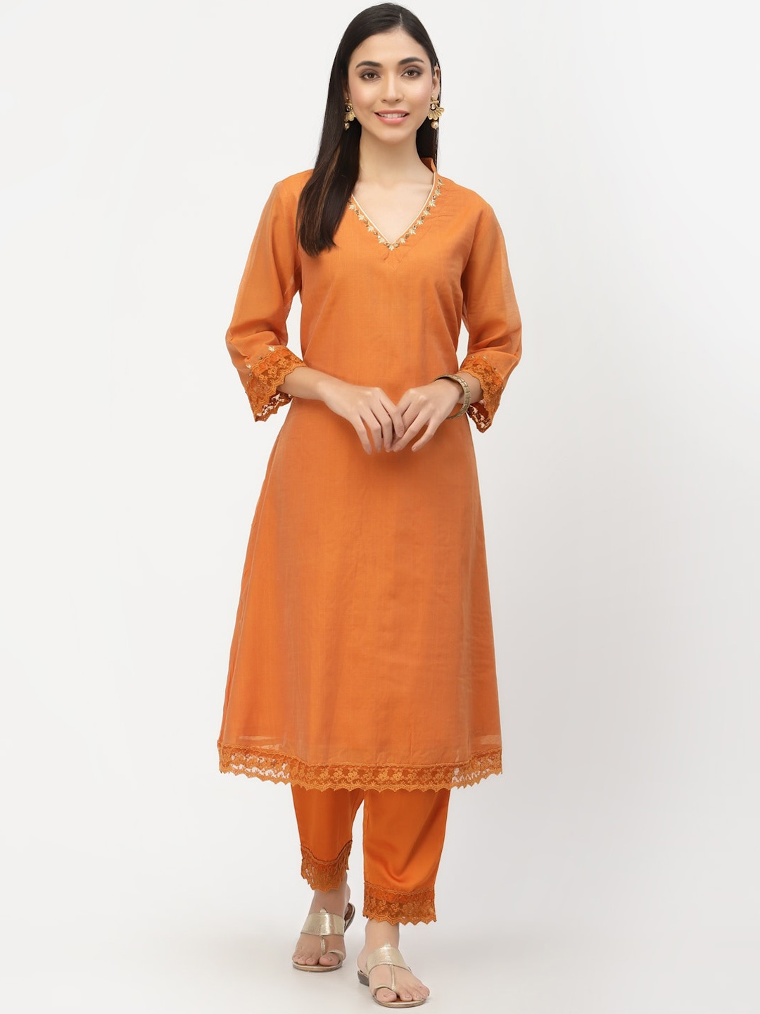 

DART STUDIO Women Orange Sequinned A-Line Kurta with Trouser Set