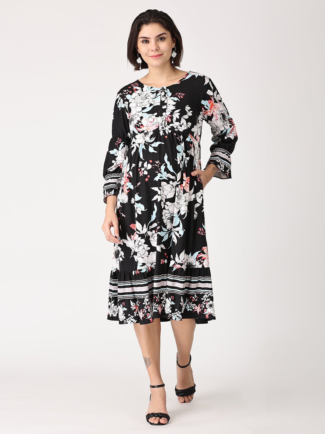 

The Mom Store Black & White Floral Maternity A-Line Midi Dress