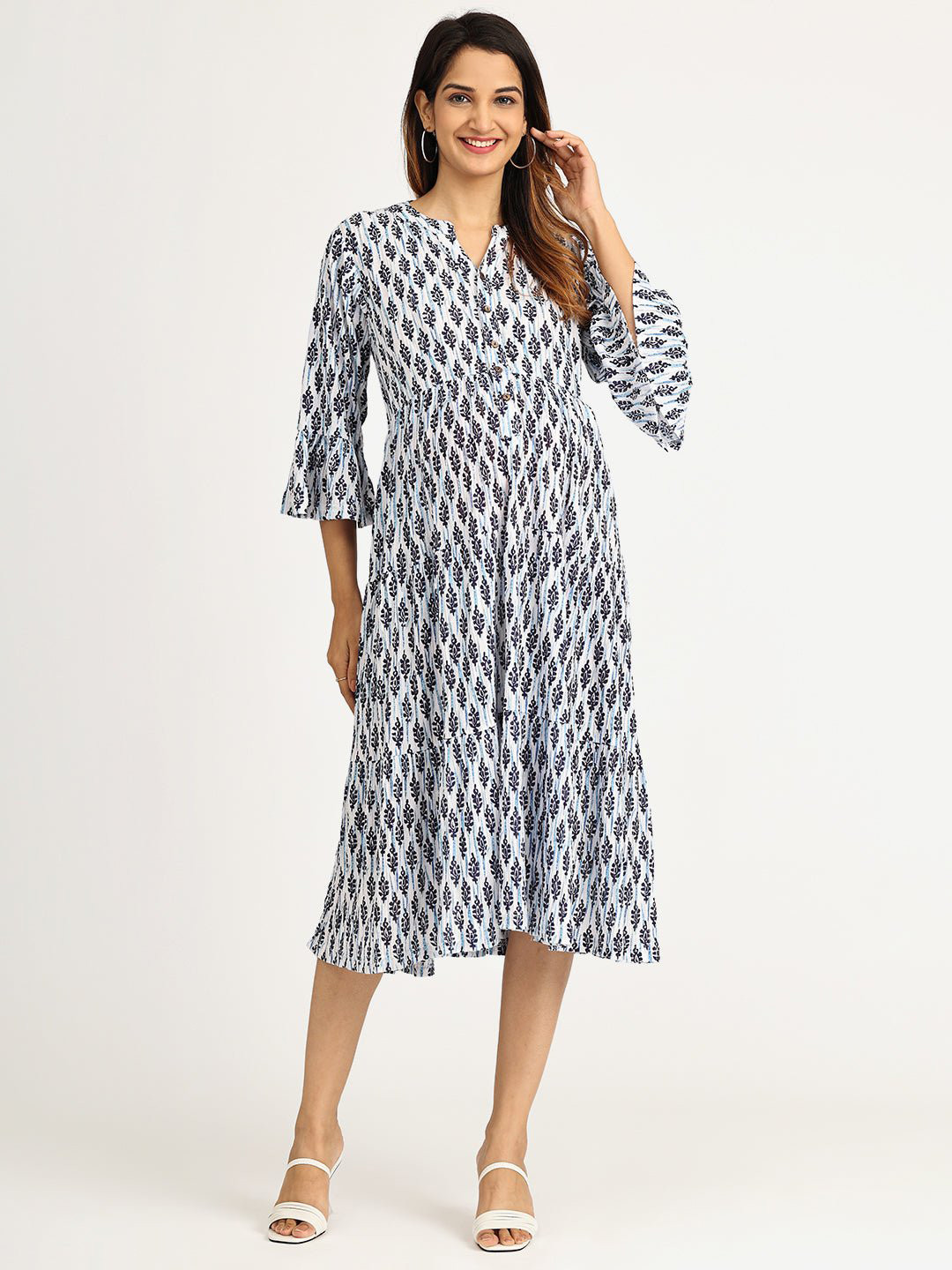 

The Mom Store White & Blue Ethnic Motifs Printed Maternity A-Line Midi Dress