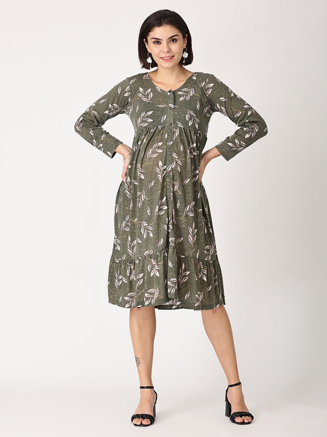 

The Mom Store Olive Green & Off White Floral Printed Cotton Maternity A-Line Dress