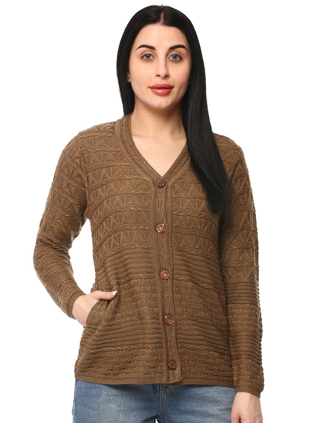 

GLAMAZE Women Brown Cable Knit Cardigan