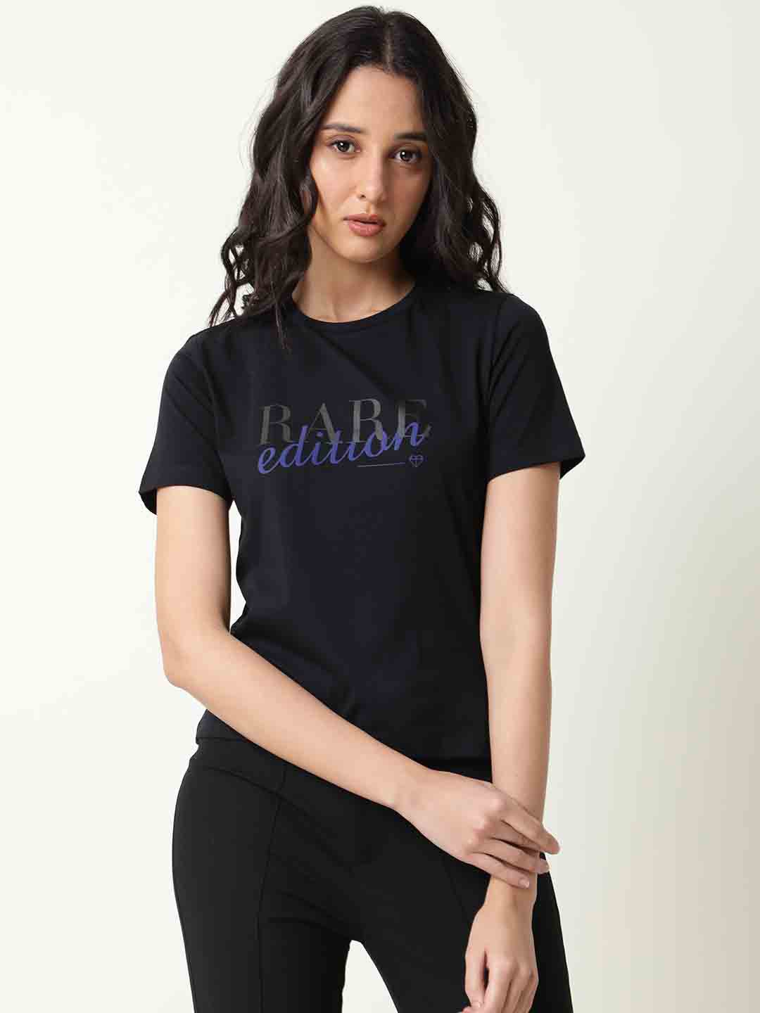 

RAREISM Women Black Typography Printed Applique Slim Fit Cotton T-shirt