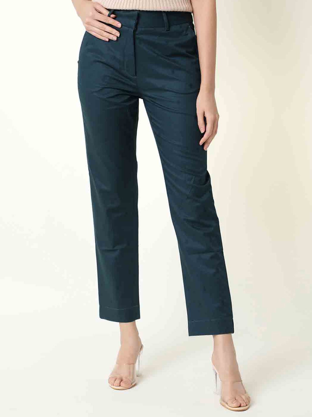 

RAREISM Women Teal Slim Fit Cotton Trousers