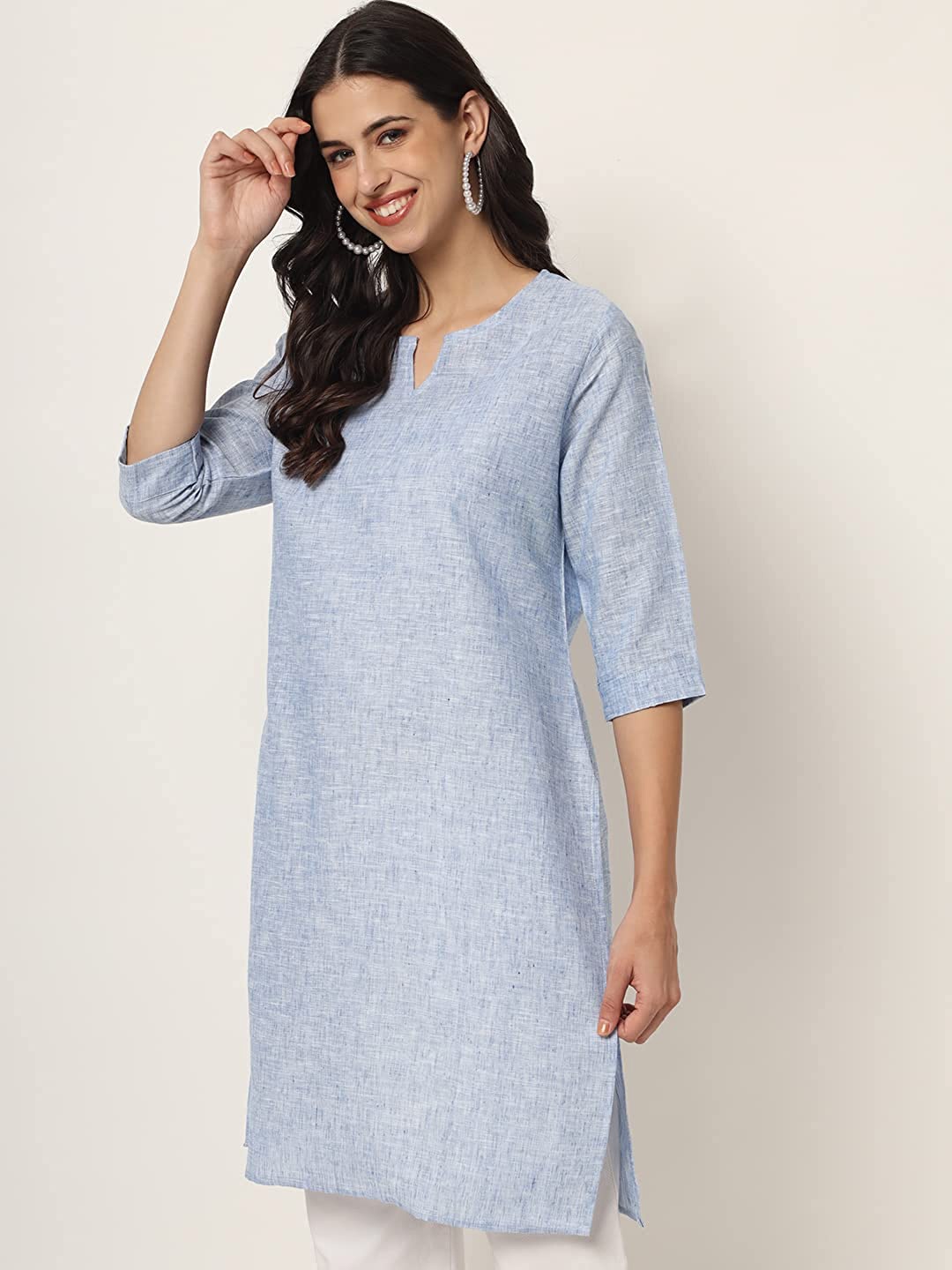 

Vastraa Fusion Women Blue V-Neck Pure Cotton Kurti