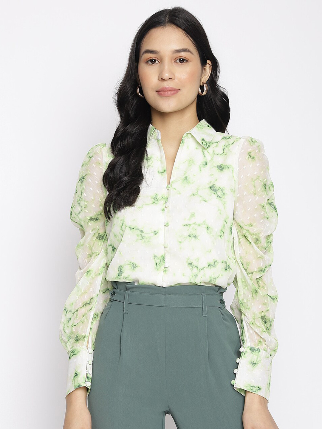 

Latin Quarters Women Green Print Shirt Style Top