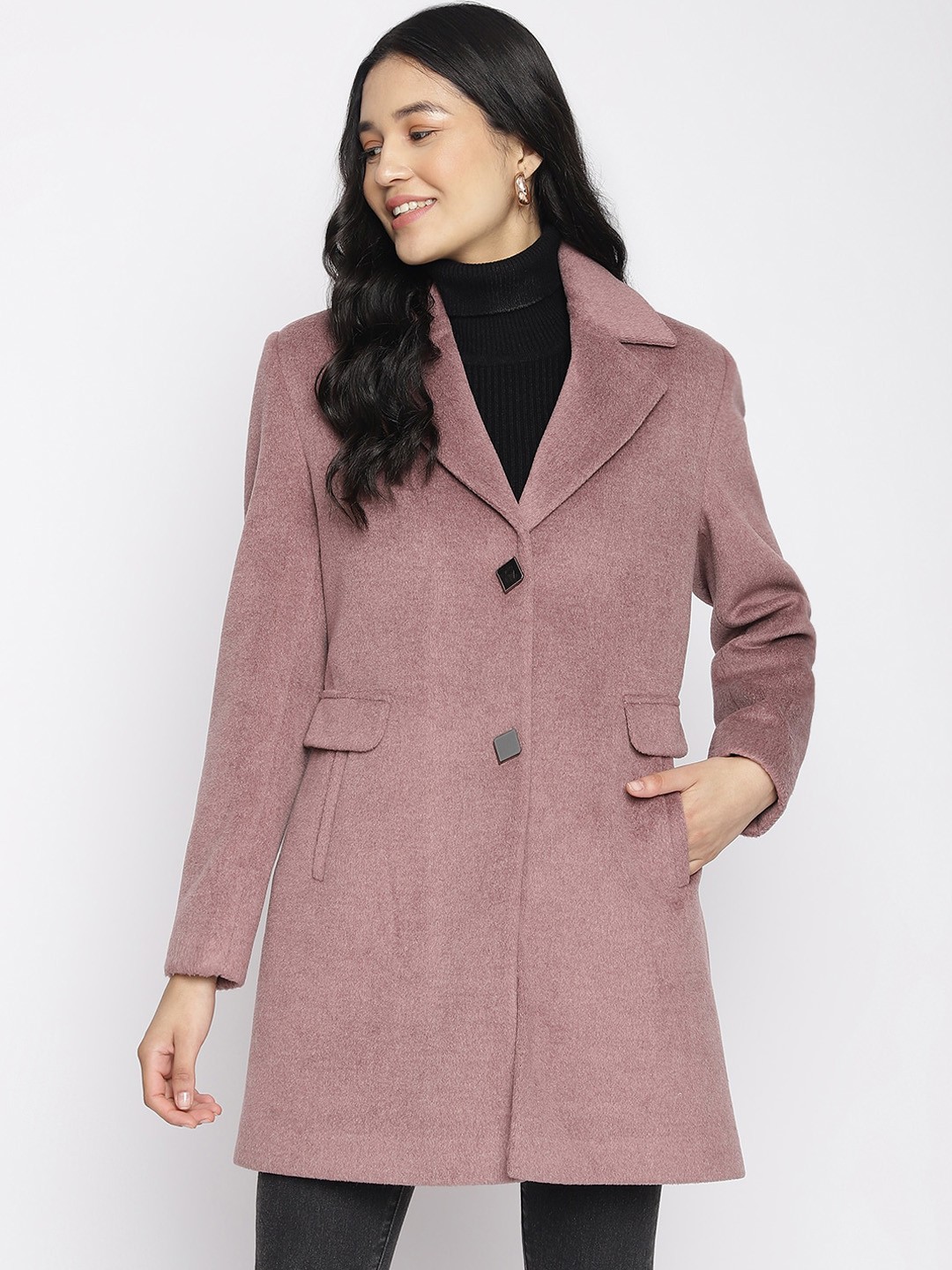 

Latin Quarters Women Purple Solid Notch Lapel Collar Buttoned Over Coat