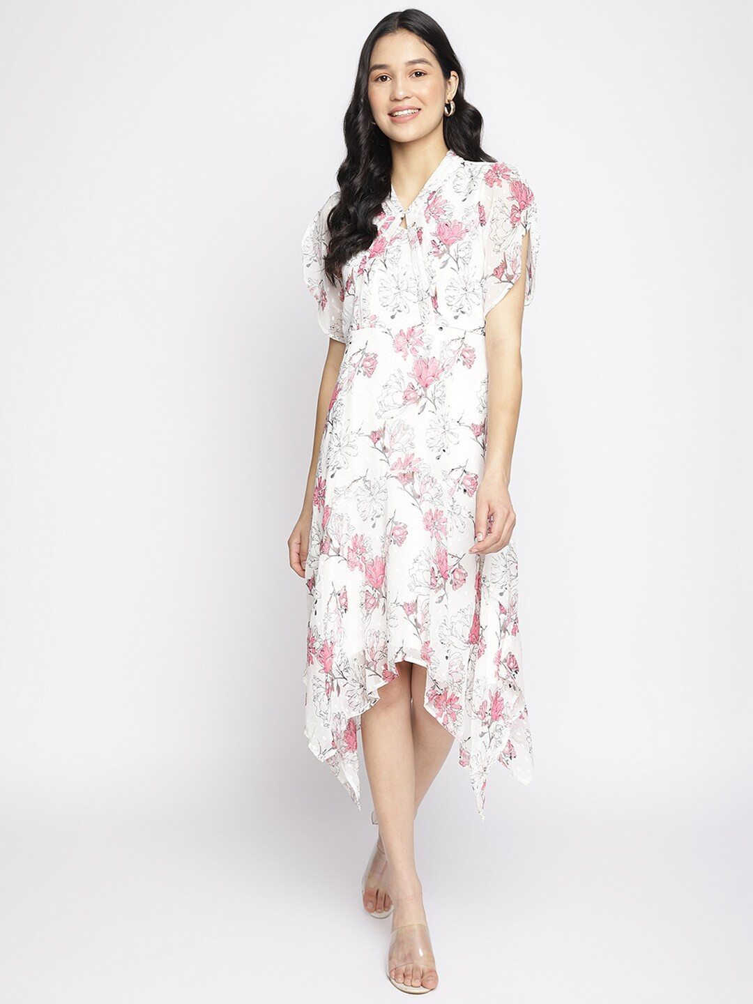 

Latin Quarters White & Pink Floral A-Line Midi Dress