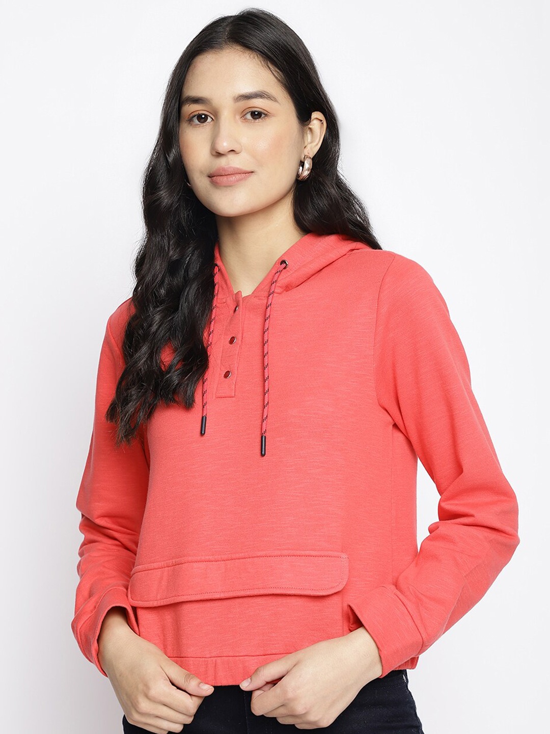 

Latin Quarters Women Coral Pink Hooded Sweatshirt
