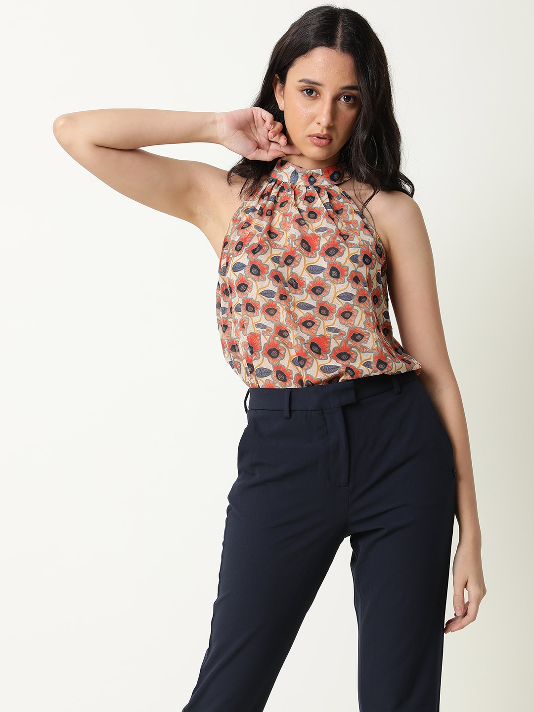 

RAREISM Beige & Red Floral Print Choker Neck Top