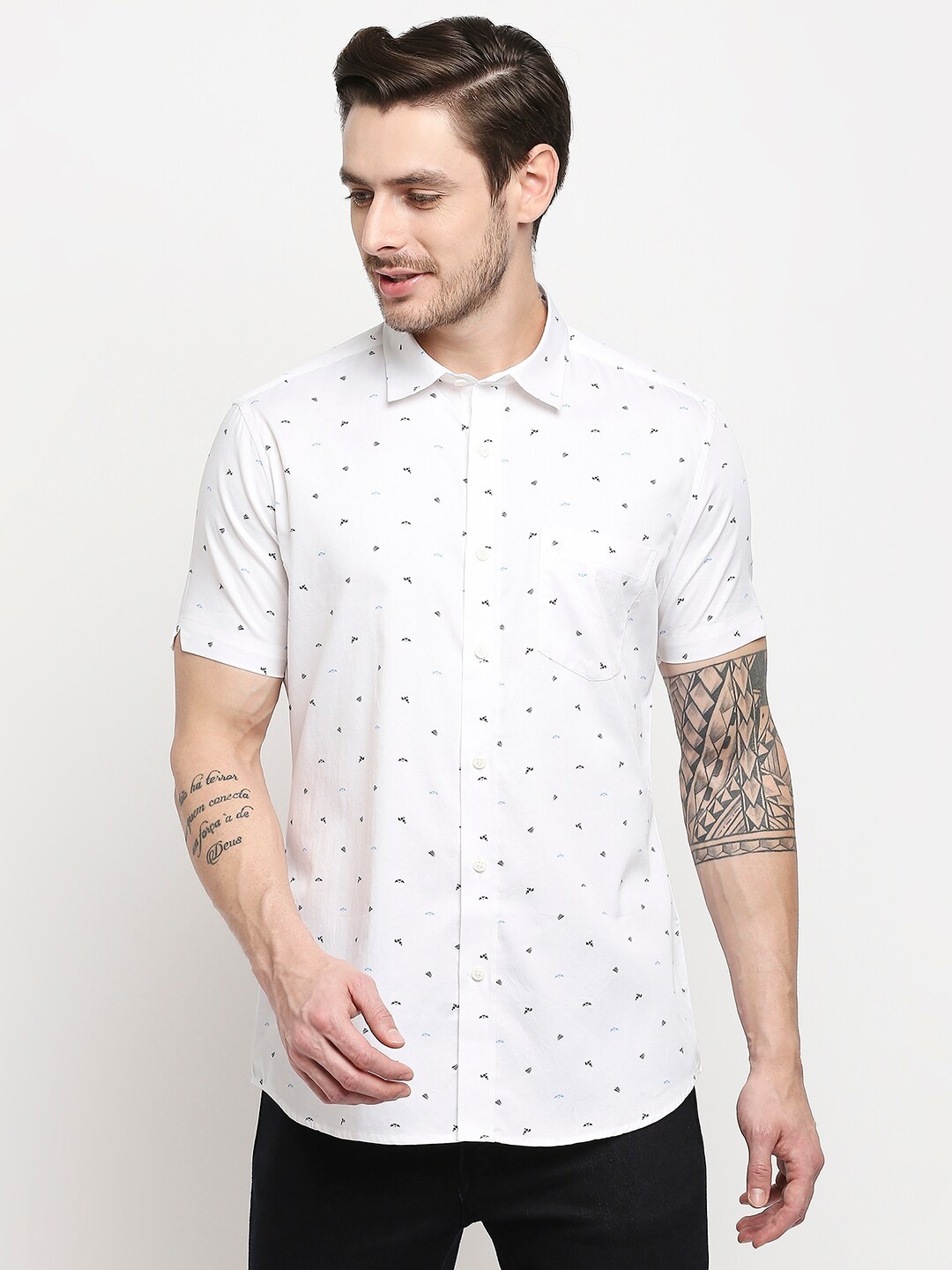 

EVOQ Men White Classic Printed Cotton Casual Shirt