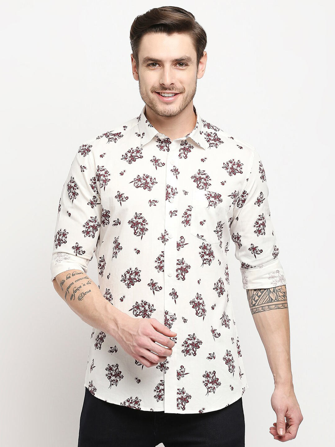 

EVOQ Men Cream-Coloured Classic Floral Printed Cotton Casual Shirt
