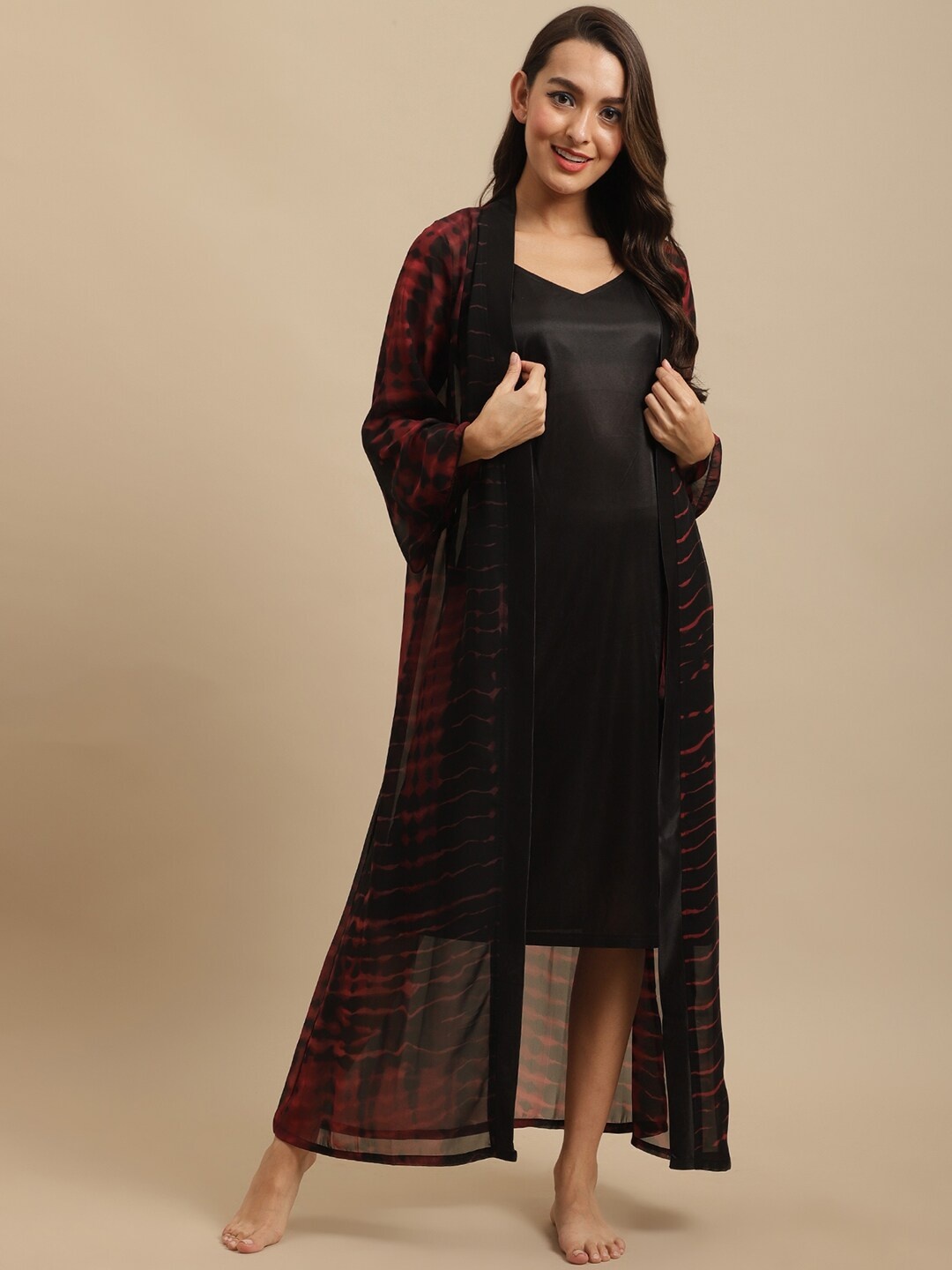 

Claura Women Black & Maroon Solid Satin Nightdress With Printed Robe