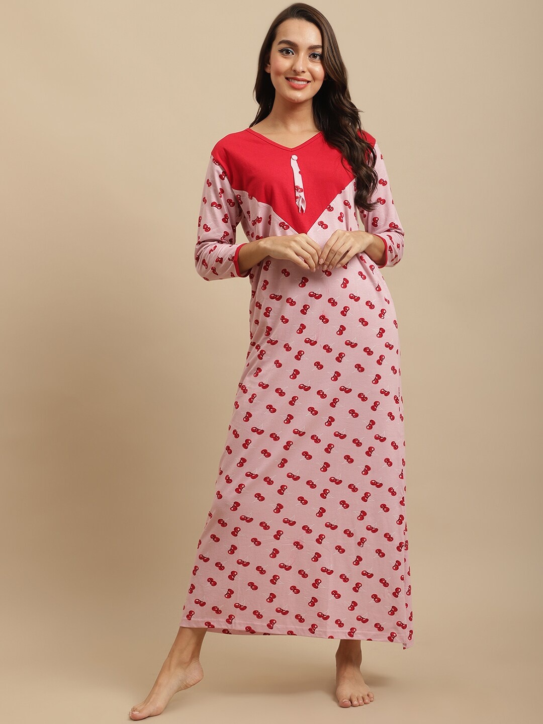 

Claura Women Pink & Red Printed Pure Cotton Maxi Nightdress
