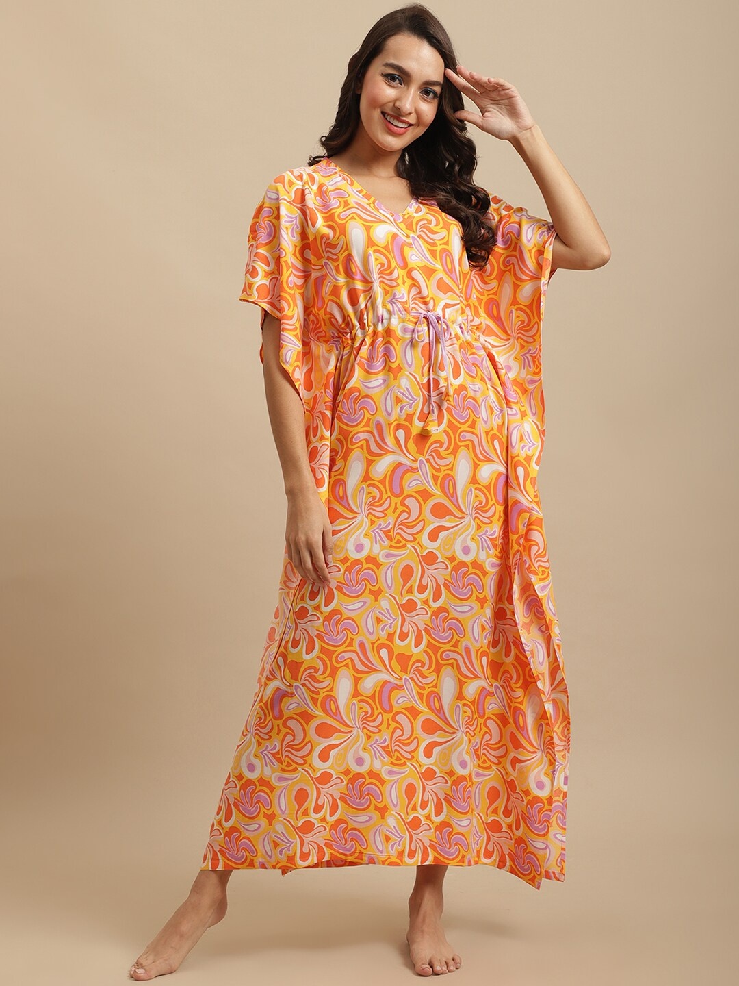 

Claura Orange Floral Printed Maxi Kaftan Nightdress