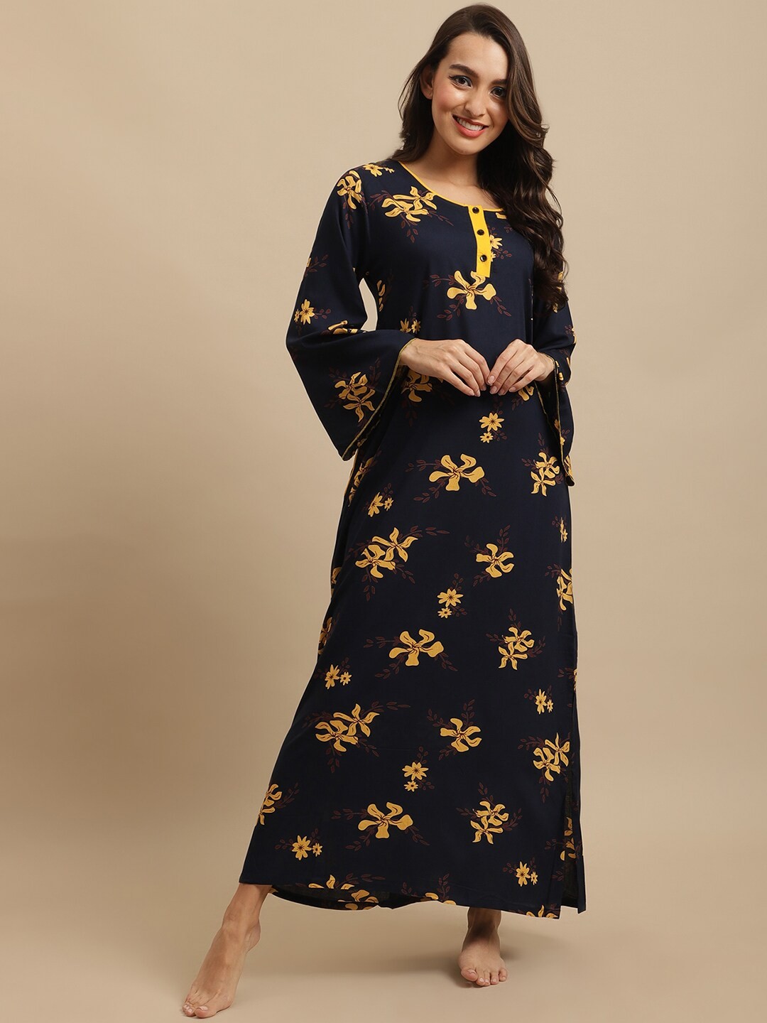 

Claura Women Navy Blue & Yellow Printed Pure Cotton Maxi Nightdress