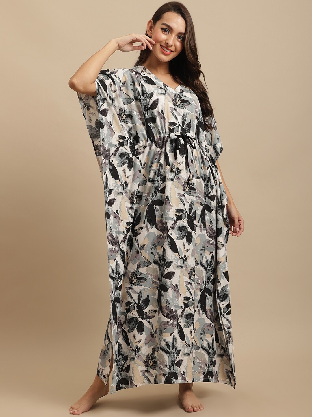 

Claura Women Off White & Black Floral Printed Kaftan Maxi Nightdress