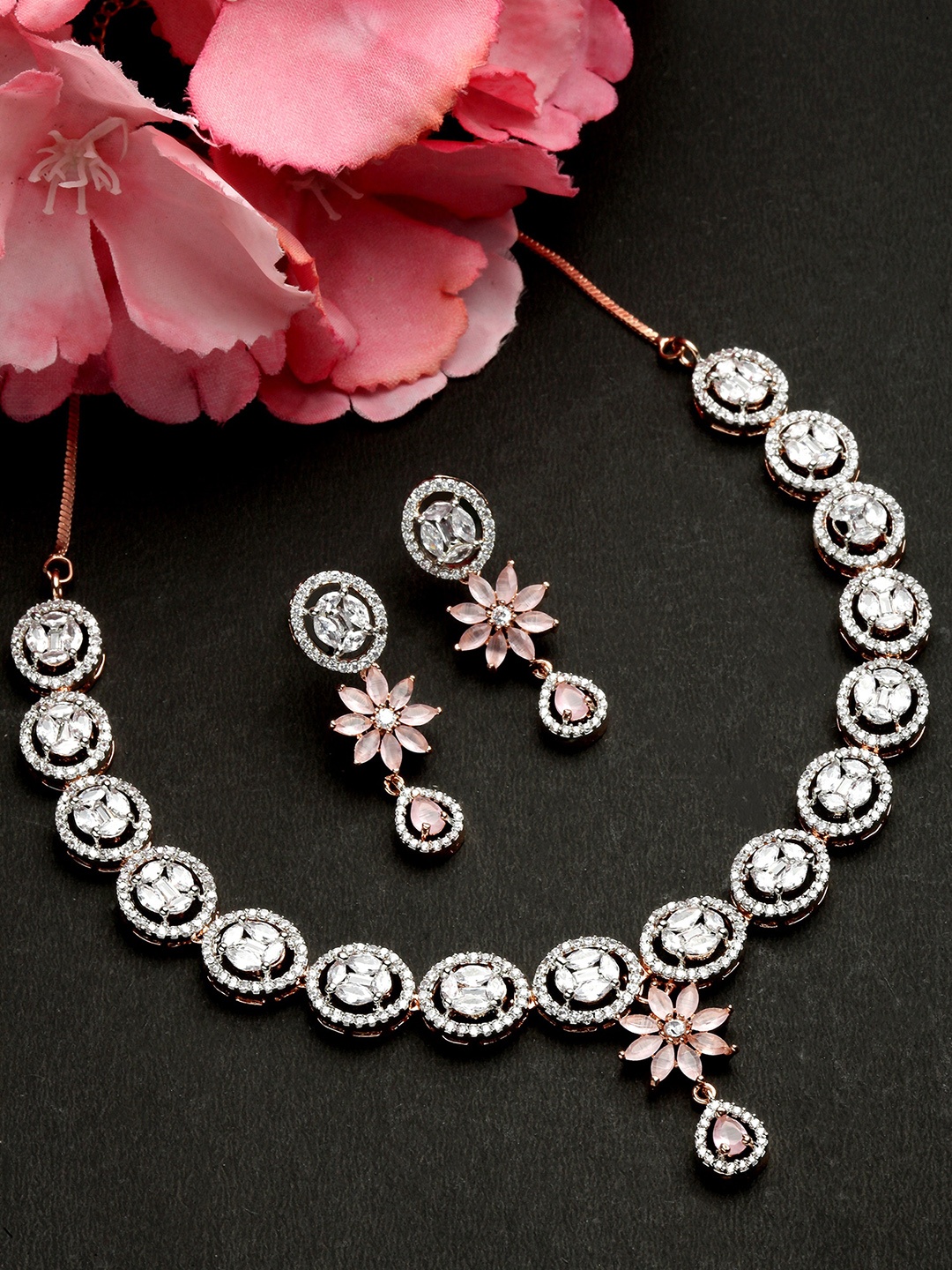 

KARATCART Rose Gold-Plated Pink CZ Studded Jewellery Set