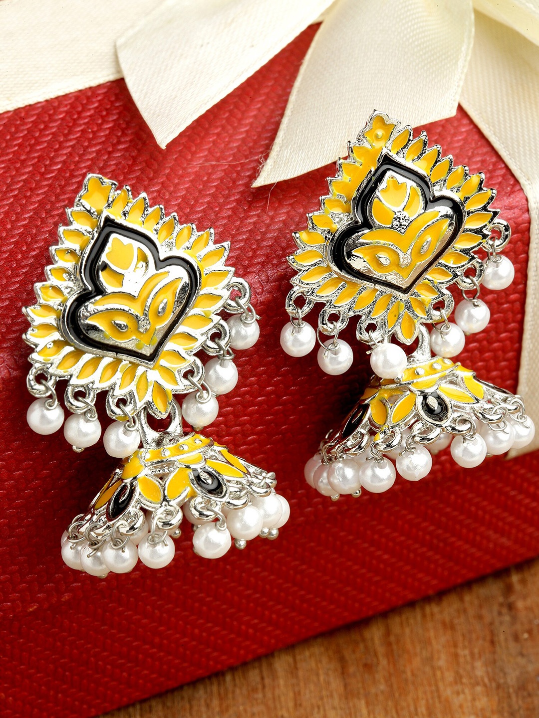

KARATCART Women Silver Plated Yellow Dome Shaped Drop Earrings