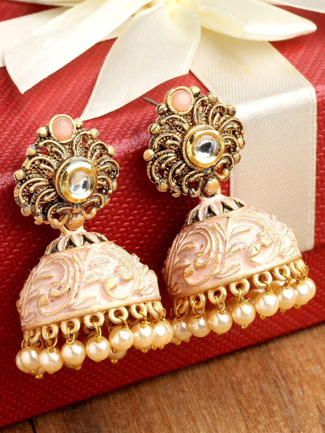 

KARATCART Women Gold Plated Peach-Coloured Classic Jhumkas Earrings
