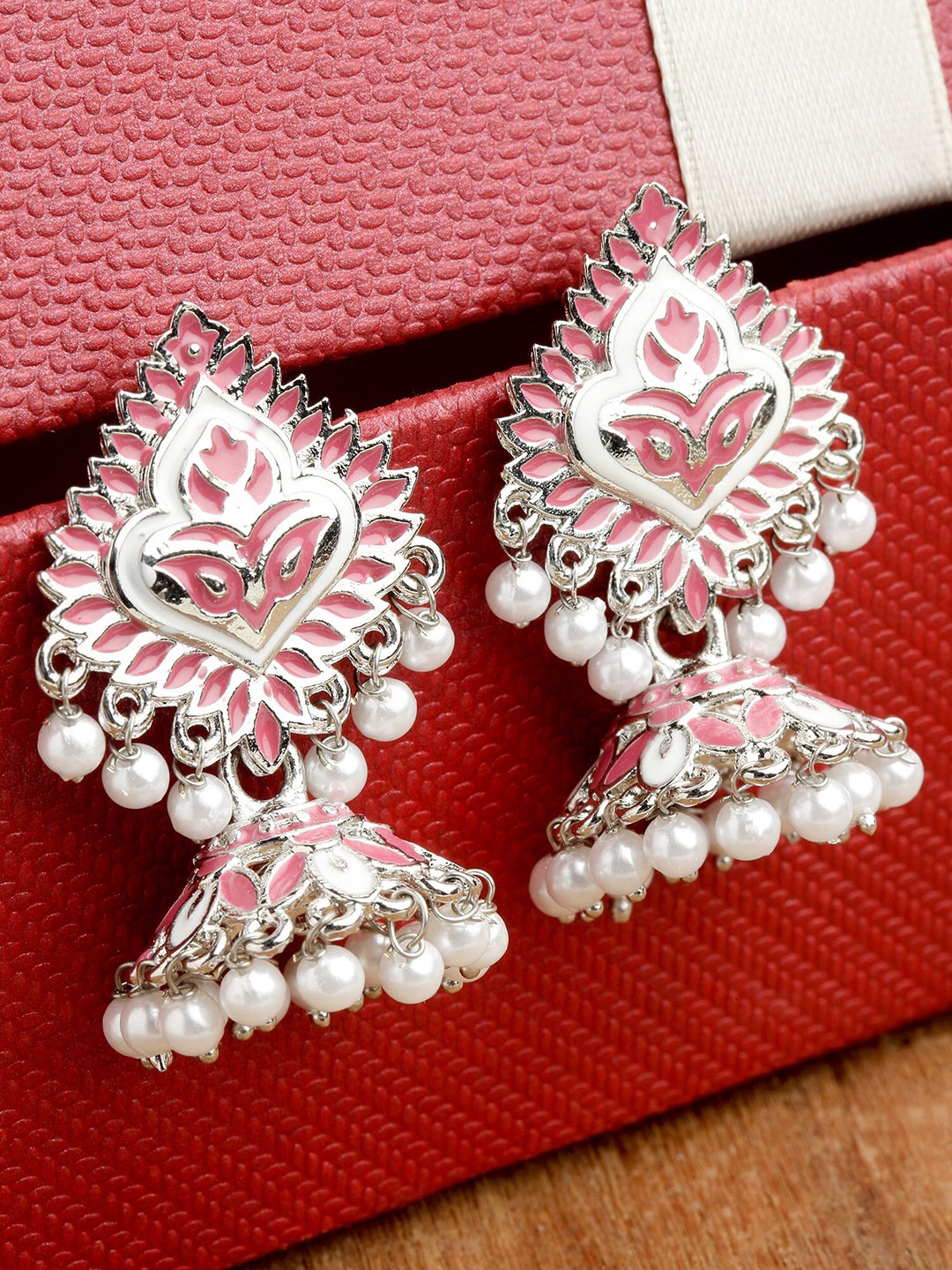 

KARATCART Women Silver Plated Pink Dome Shaped Jhumkas Earrings