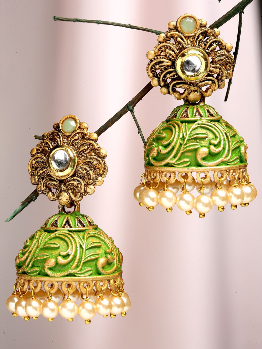 

KARATCART Women Gold Plated Lime Green Dome Shaped Jhumkas Earrings