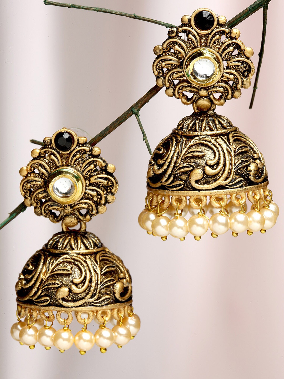 

KARATCART Women Gold Plated Black Dome Shaped Jhumkas Earrings