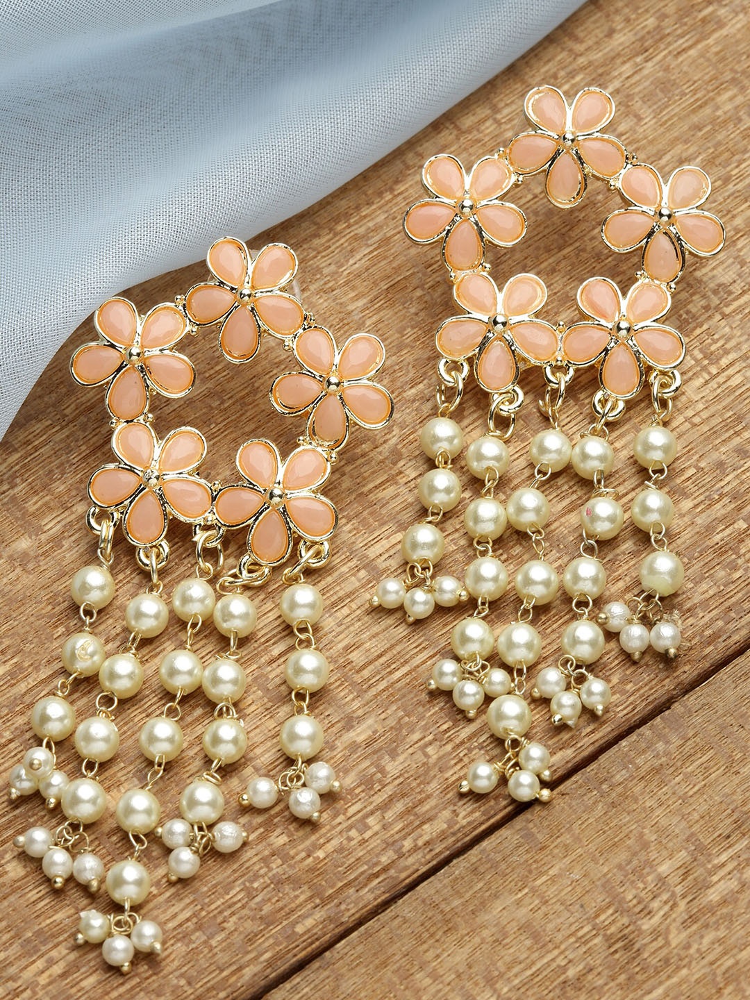 

KARATCART Women Gold Plated Peach-Coloured Floral Drop Earrings